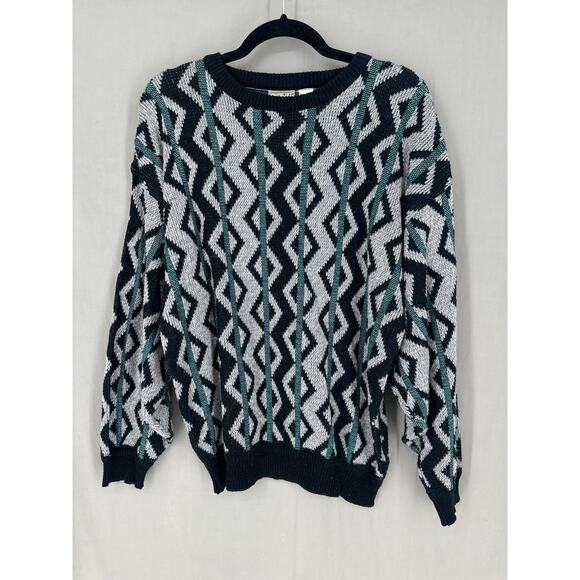 80s Vintage Sweater Mens Medium Green Geometric Grandpa Artsy Abstract Retro - Picture 1 of 6